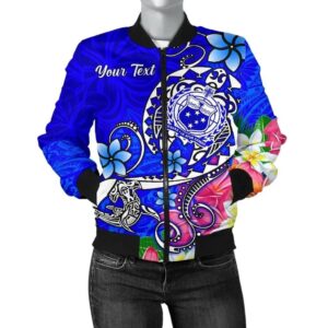 Samoa Custom Personalised Women's Bomber Jacket - Turtle Plumeria (Blue) - BN18 Bomber Jacket