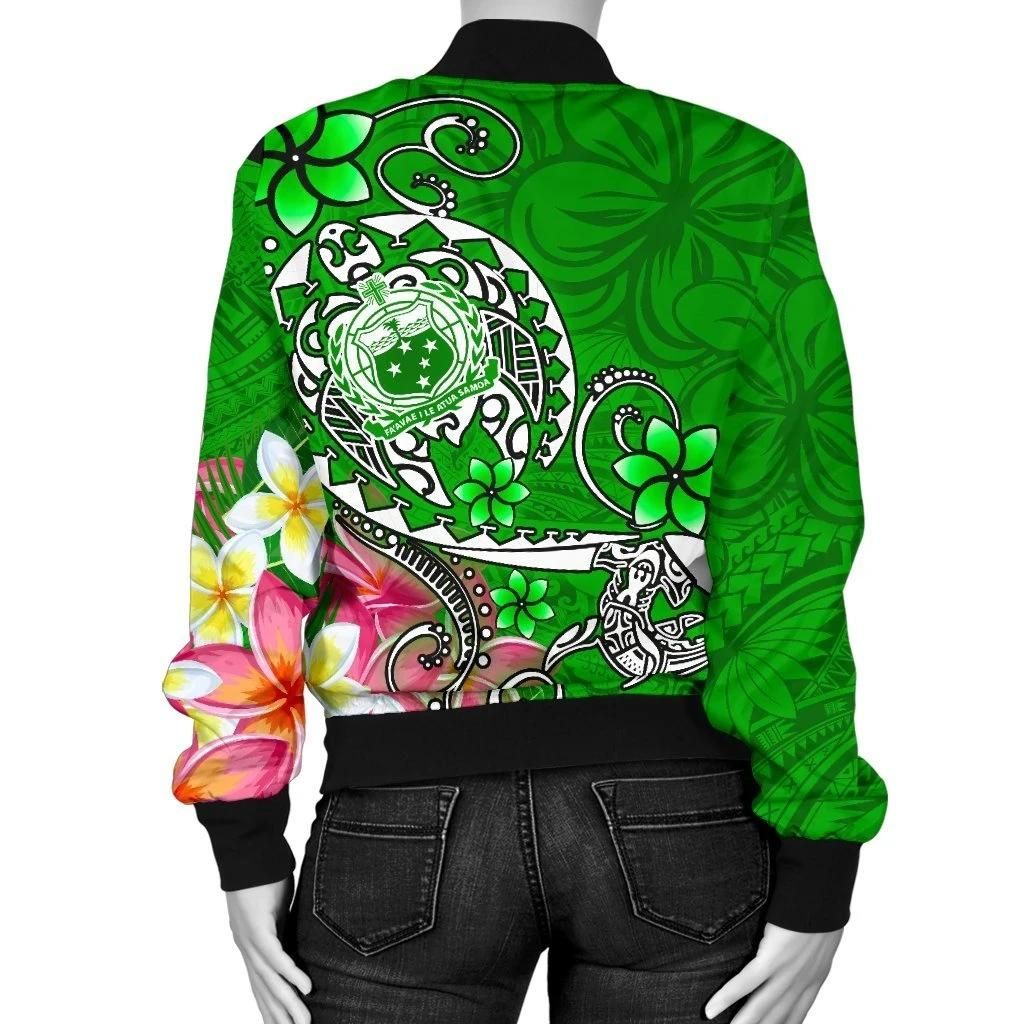 Samoa-Custom-Personalised-Womens-Bomber-Jacket-Turtle-Plumeria-Green-BN18-Bomber-Jacket-1