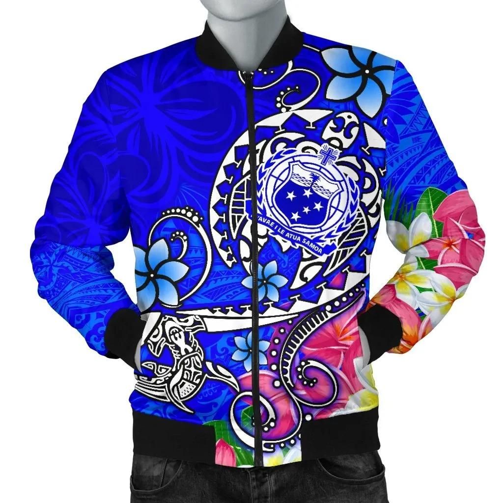 Samoa Men's Bomber Jacket - Turtle Plumeria (Blue) - BN18 Bomber Jacket Samoa Men's Bomber Jacket - Turtle Plumeria (Blue) - BN18 Bomber Jacket