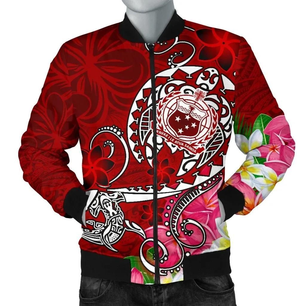 Samoa Men's Bomber Jacket - Turtle Plumeria (Red) - BN18 Bomber Jacket Samoa Men's Bomber Jacket - Turtle Plumeria (Red) - BN18 Bomber Jacket