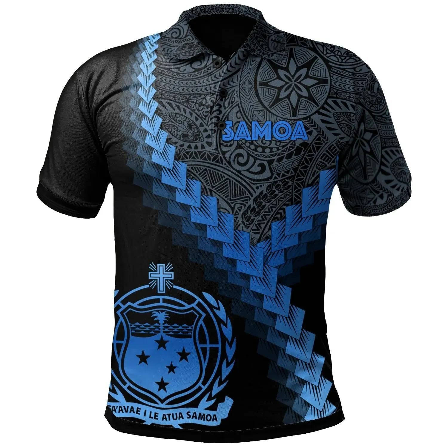 Samoa Polo Shirt - Samoa Coat Of Arms With Polynesian Tattoo Blue - BN22 Samoa Polo Shirt - Samoa Coat Of Arms With Polynesian Tattoo Blue - BN22