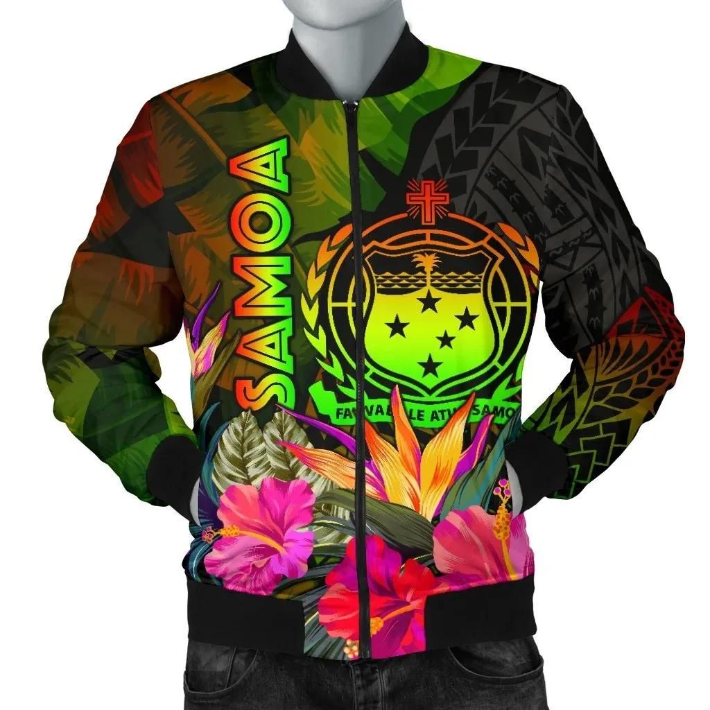 Samoa Polynesian Men's Bomber Jacket - Hibiscus and Banana Leaves - BN15 Bomber Jacket Samoa Polynesian Men's Bomber Jacket - Hibiscus and Banana Leaves - BN15 Bomber Jacket