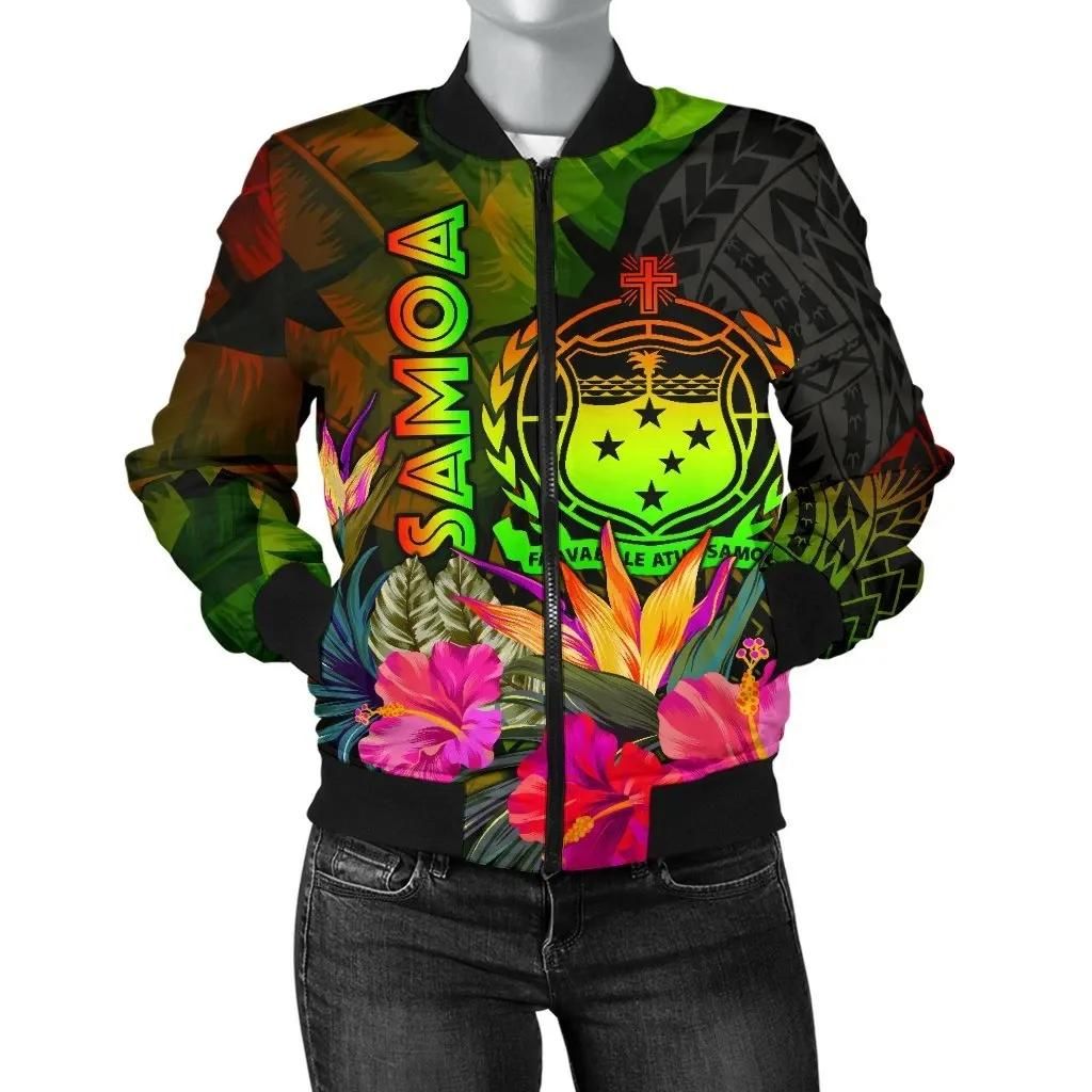 Samoa Polynesian Women's Bomber Jacket - Hibiscus and Banana Leaves - BN15 Bomber Jacket Samoa Polynesian Women's Bomber Jacket - Hibiscus and Banana Leaves - BN15 Bomber Jacket