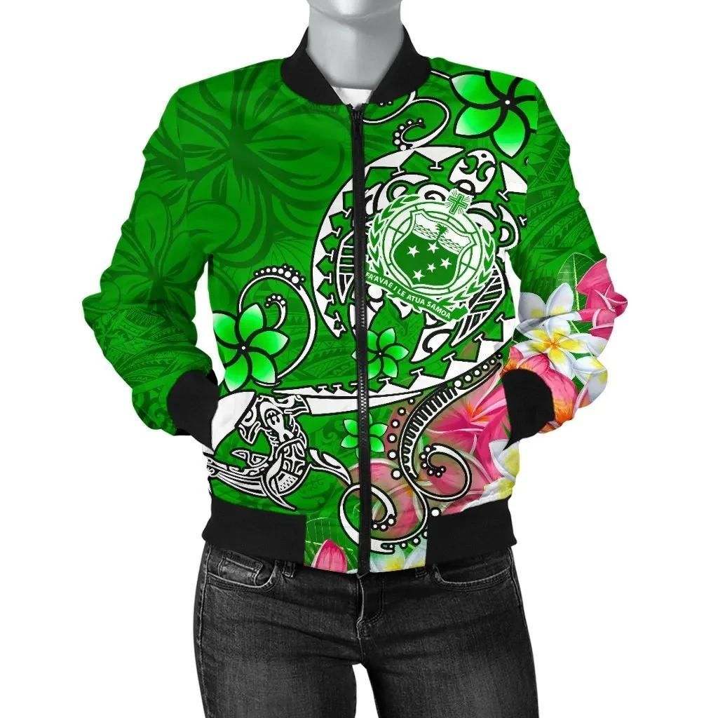 Samoa Women's Bomber Jacket - Turtle Plumeria (Green) - BN18 Samoa Women's Bomber Jacket - Turtle Plumeria (Green) - BN18