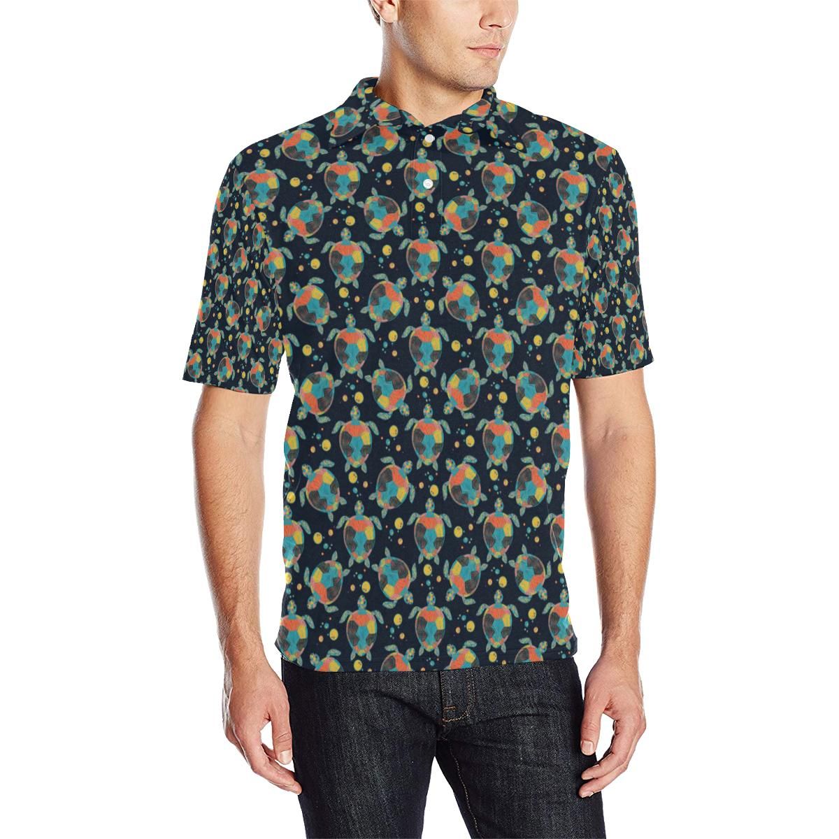 Sea Turtle Colorful With Bubble Print Men Polo Shirt Sea Turtle Colorful With Bubble Print Men Polo Shirt
