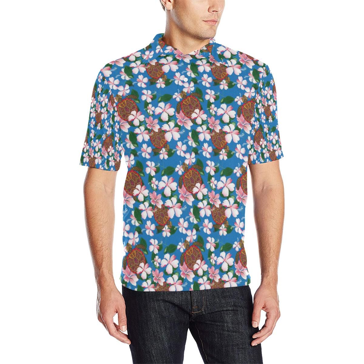 Sea Turtle Pink Hibiscus Hawaiian Print Men Polo Shirt Sea Turtle Pink Hibiscus Hawaiian Print Men Polo Shirt