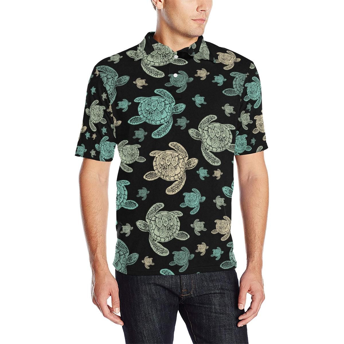 Sea Turtle Stamp Pattern Men Polo Shirt Sea Turtle Stamp Pattern Men Polo Shirt