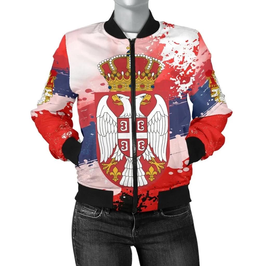 Serbia Women's Bomber Jacket - Serbia National Flag and Emblem A27 Bomber Jacket Serbia Women's Bomber Jacket - Serbia National Flag and Emblem A27 Bomber Jacket