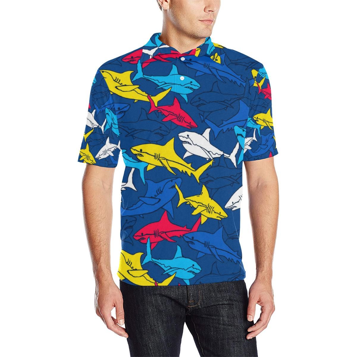 Shark Color Pattern Men Polo Shirt Shark Color Pattern Men Polo Shirt