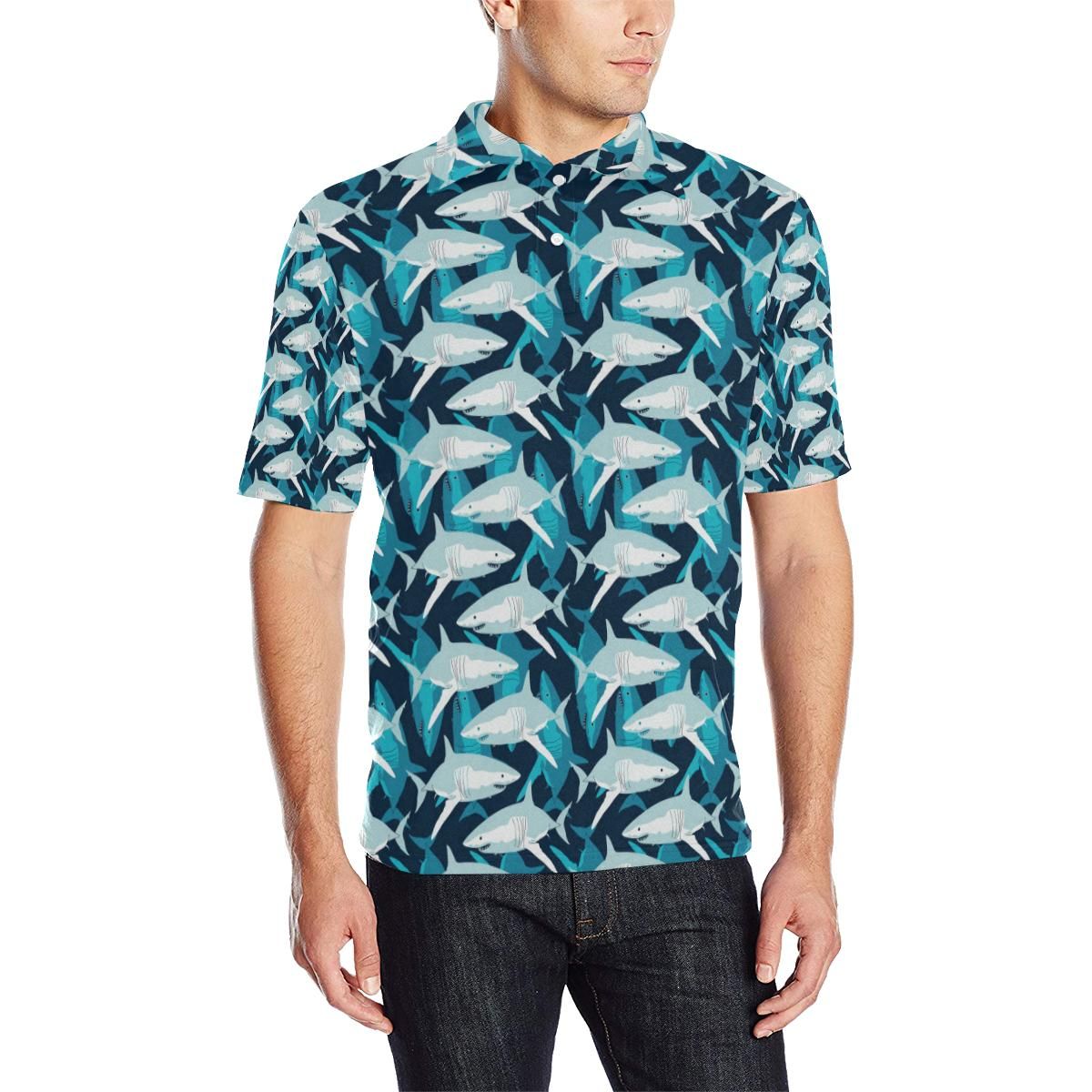 Shark Design Print Men Polo Shirt Shark Design Print Men Polo Shirt