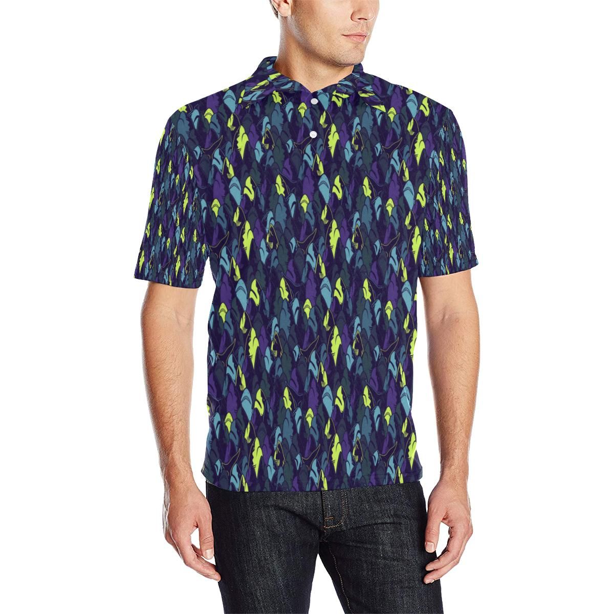 Shark Neon Color Print Men Polo Shirt Shark Neon Color Print Men Polo Shirt