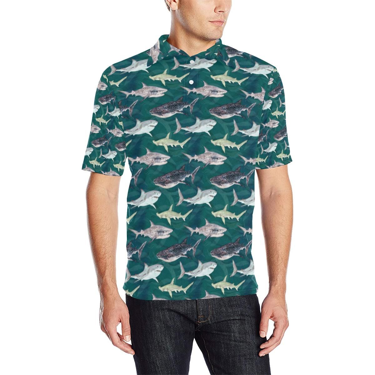 Shark Style Print Men Polo Shirt Shark Style Print Men Polo Shirt