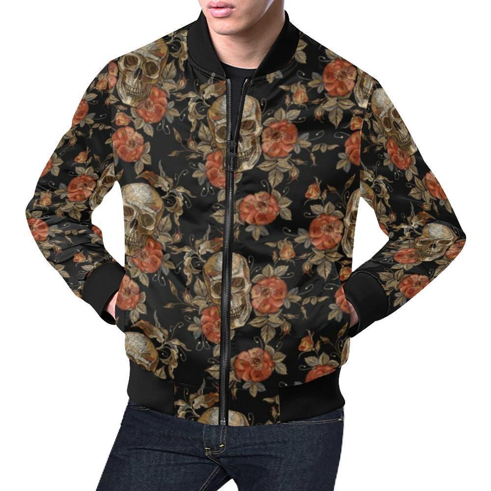 Skeleton Sugar Skull Girly Floral Rose Pattern Print Mens Bomber Jacket Skeleton Sugar Skull Girly Floral Rose Pattern Print Mens Bomber Jacket