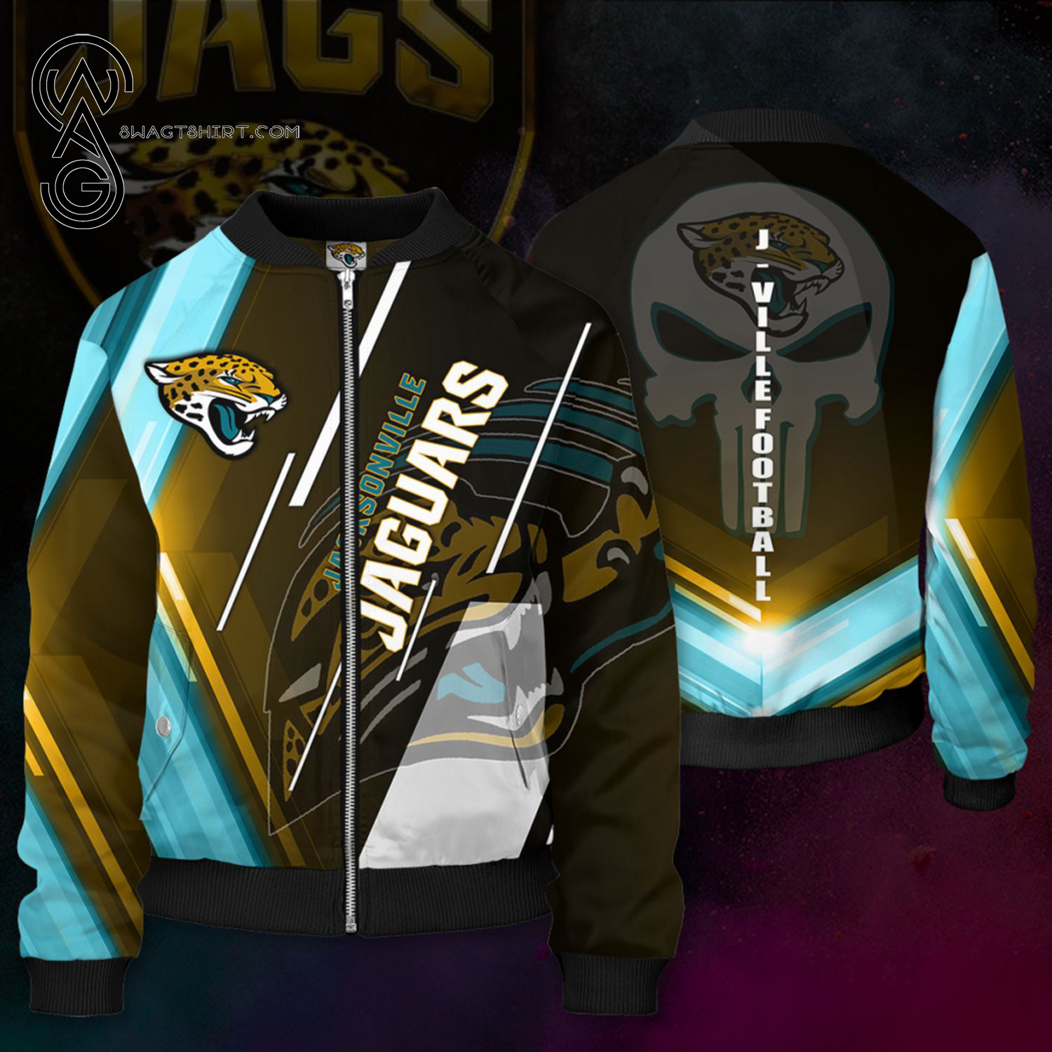 Skull Jacksonville Jaguars All Over Printed Bomber Jacket Skull Jacksonville Jaguars All Over Printed Bomber Jacket