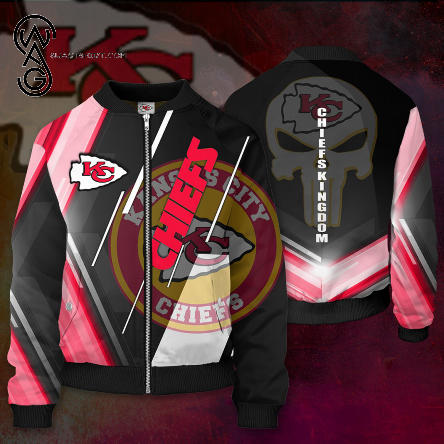 Skull Kansas City Chiefs All Over Printed Bomber Jacket Skull Kansas City Chiefs All Over Printed Bomber Jacket