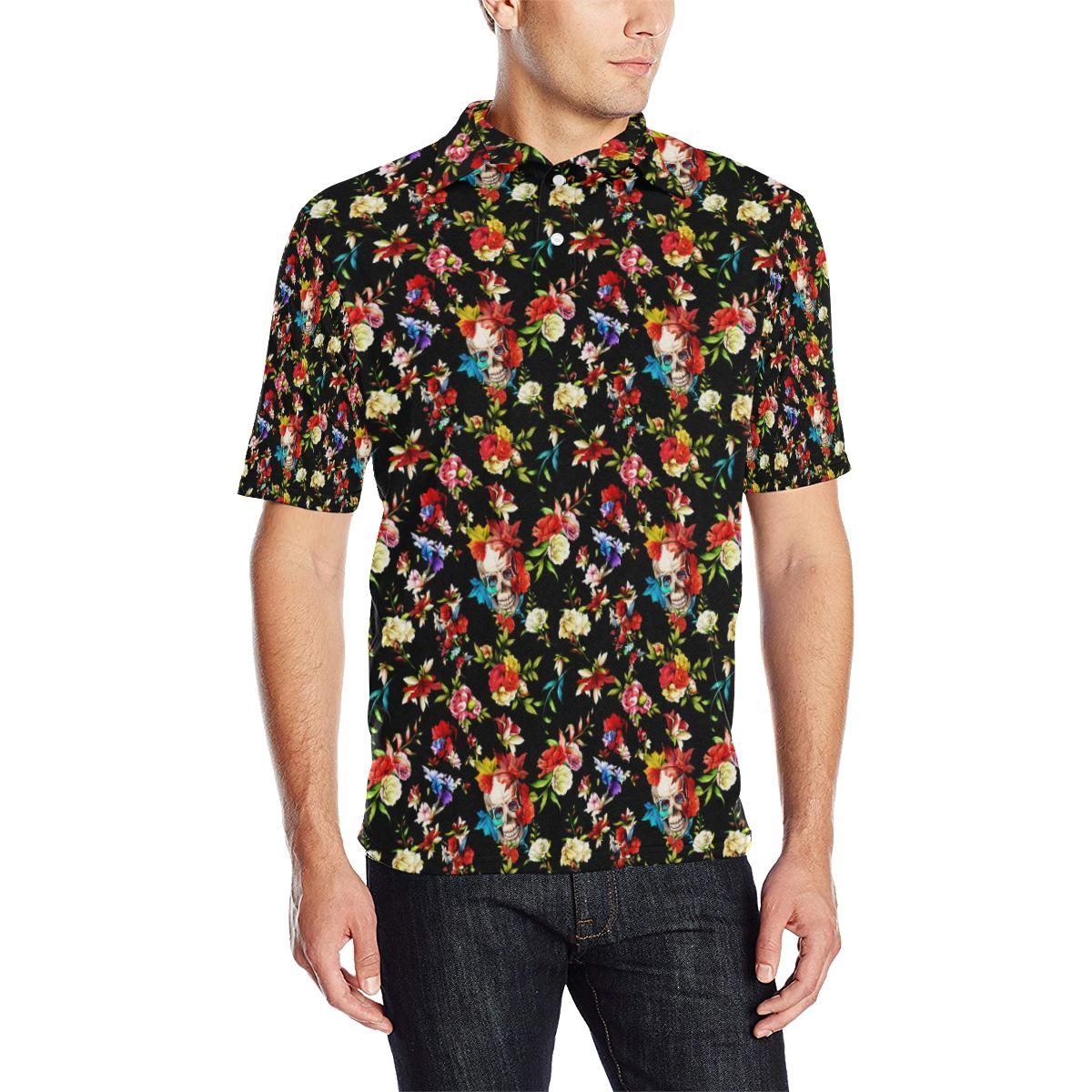 Skull Roses Flower Design Themed Print Men Polo Shirt Skull Roses Flower Design Themed Print Men Polo Shirt
