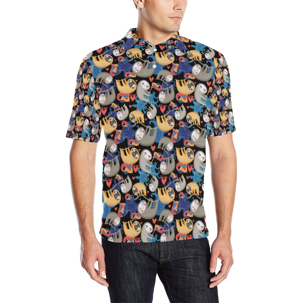 Sloth Cartoon Design Themed Print Men Polo Shirt Sloth Cartoon Design Themed Print Men Polo Shirt