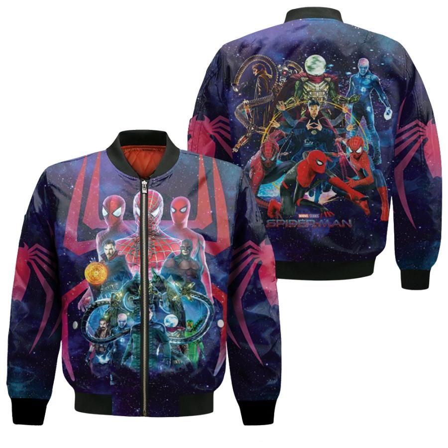 Spider Man No Way Home Three Spider Men Fighting Sinister Six 3D Designed Allover Gift For Spider Man Fans Bomber Jacket Spider Man No Way Home Three Spider Men Fighting Sinister Six 3D Designed Allover Gift For Spider Man Fans Bomber Jacket