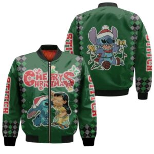 Stitch Christmas A Kiss From Lilo Relaxing Fairy Lights Green 3D Designed Allover Gift For Stitch Fans Christmas Fans Bomber Jacket