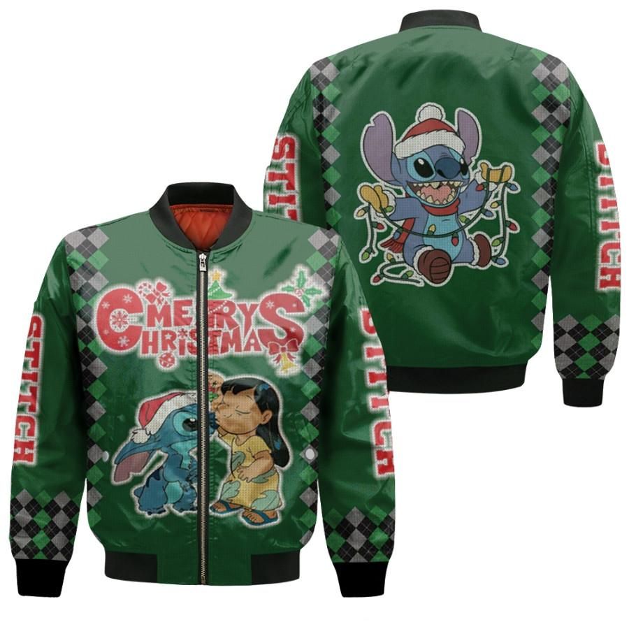 Stitch Christmas A Kiss From Lilo Relaxing Fairy Lights Green 3D Designed Allover Gift For Stitch Fans Christmas Fans Bomber Jacket Stitch Christmas A Kiss From Lilo Relaxing Fairy Lights Green 3D Designed Allover Gift For Stitch Fans Christmas Fans Bomber Jacket