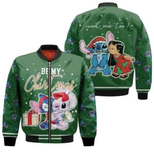 Stitch Christmas Be My Christmas And Me Too Lilo Angel Green 3D Designed Allover Gift For Stitch Fans Christmas Fans Bomber Jacket