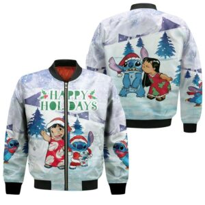 Stitch Christmas Happy Holidays Lilo Together Light Blue 3D Designed Allover Gift For Stitch Fans Christmas Fans Bomber Jacket