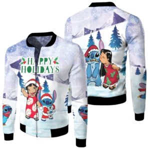 Stitch Christmas Happy Holidays Lilo Together Light Blue 3D Designed Allover Gift For Stitch Fans Christmas Fans Bomber Jacket