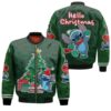 Stitch Christmas Hello Christmas Gift Fairy Lights Tree Green 3D Designed Allover Gift For Stitch Fans Christmas Fans Bomber Jacket