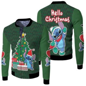 Stitch Christmas Hello Christmas Gift Fairy Lights Tree Green 3D Designed Allover Gift For Stitch Fans Christmas Fans Bomber Jacket