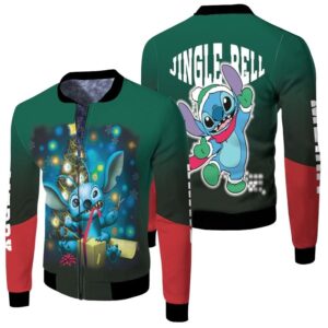 Stitch Christmas Jingle Bell Opening Gift Christmas Dark Green 3D Designed Allover Gift For Stitch Fans Christmas Fans Bomber Jacket