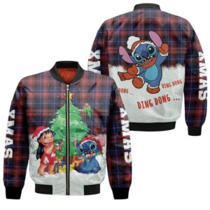 Stitch Christmas Merry Christmas Ding Dong Lilo Taking Photo 3D Designed Allover Gift For Stitch Fans Christmas Fans Bomber Jacket