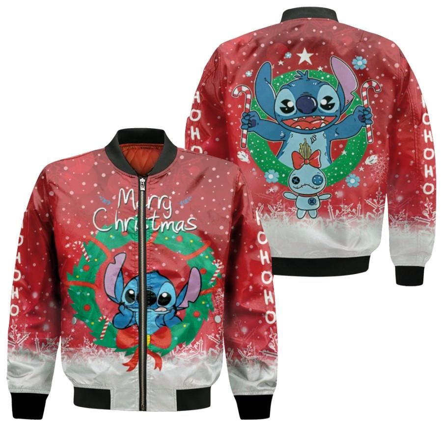 Stitch Christmas Santa Merry Christmas Wreath Red 3D Designed Allover Gift For Stitch Fans Christmas Fans Bomber Jacket Stitch Christmas Santa Merry Christmas Wreath Red 3D Designed Allover Gift For Stitch Fans Christmas Fans Bomber Jacket