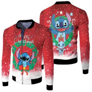Stitch Christmas Santa Merry Christmas Wreath Red 3D Designed Allover Gift For Stitch Fans Christmas Fans Bomber Jacket