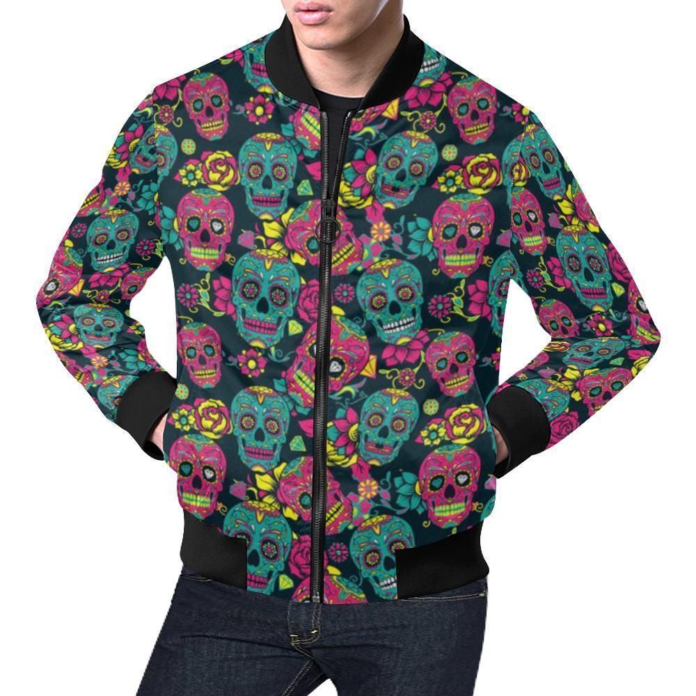 Sugar Skull Girly Skeleton Floral Pattern Print Mens Bomber Jacket Sugar Skull Girly Skeleton Floral Pattern Print Mens Bomber Jacket