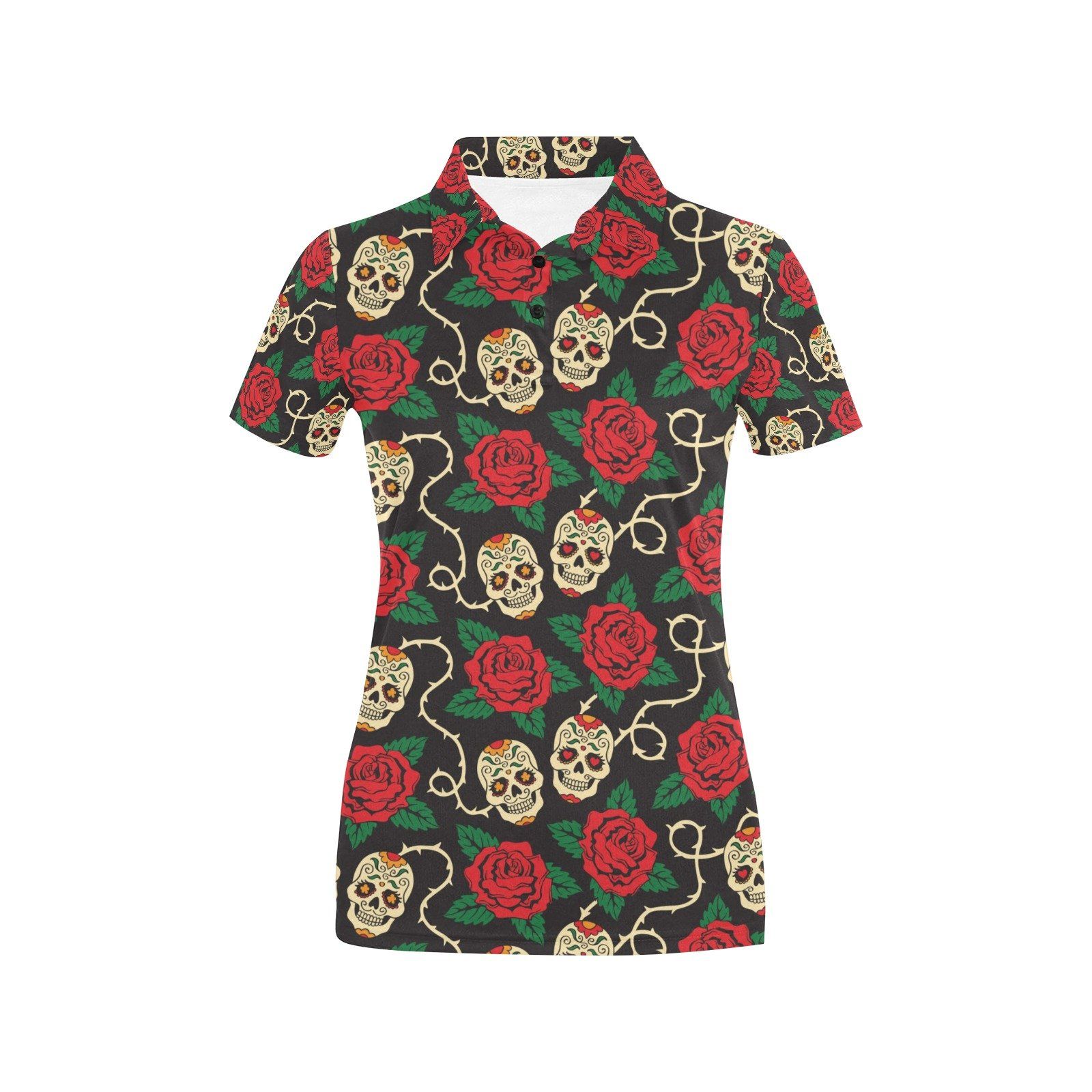 Sugar Skull Red Rose Print Design Lks301 Women'S Polo Shirt Sugar Skull Red Rose Print Design Lks301 Women'S Polo Shirt