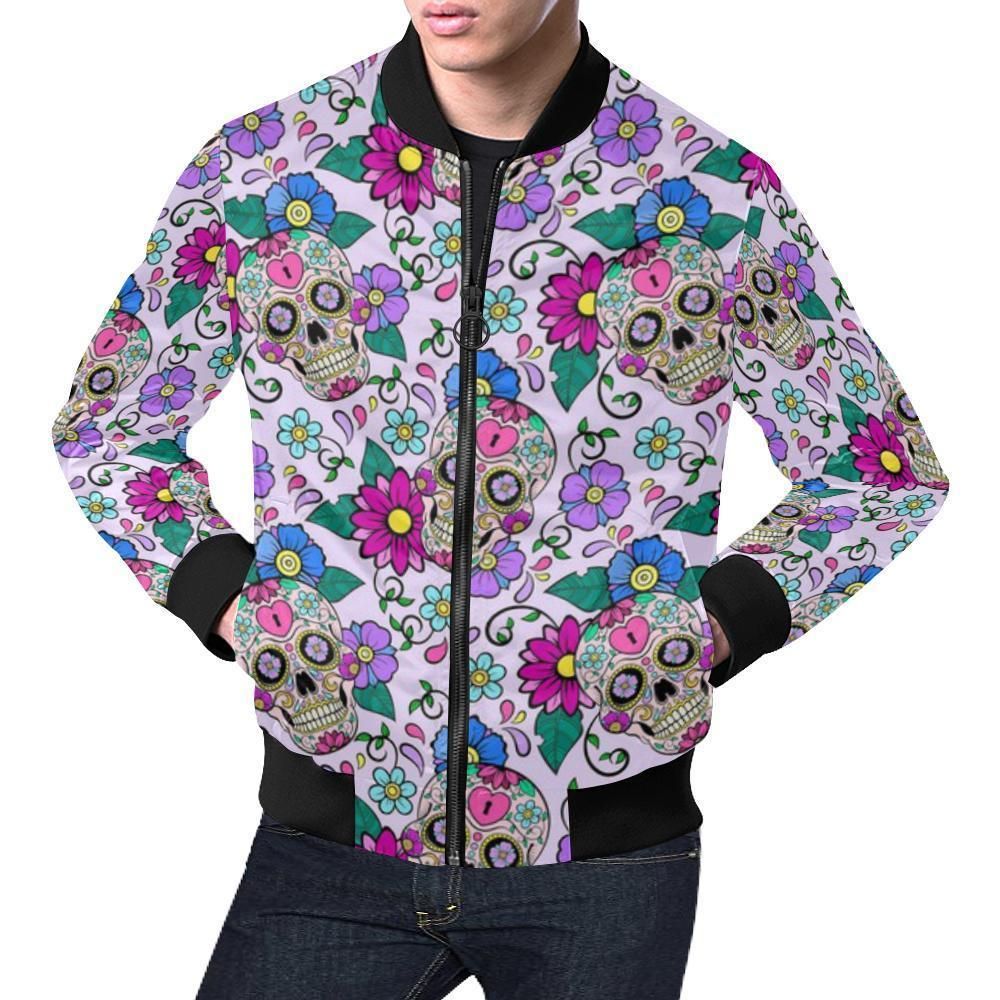 Sugar Skull Skeleton Girly Floral Pattern Print Mens Bomber Jacket Sugar Skull Skeleton Girly Floral Pattern Print Mens Bomber Jacket