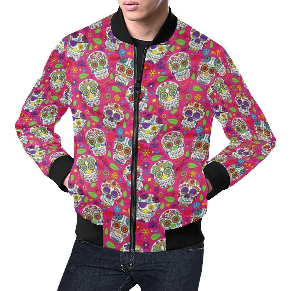 Sugar Skull Skeleton Girly Floral Pirate Pattern Print Mens Bomber Jacket Sugar Skull Skeleton Girly Floral Pirate Pattern Print Mens Bomber Jacket