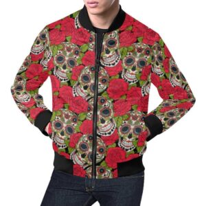 Sugar Skull Skeleton Girly Floral Rose Pattern Print Mens Bomber Jacket