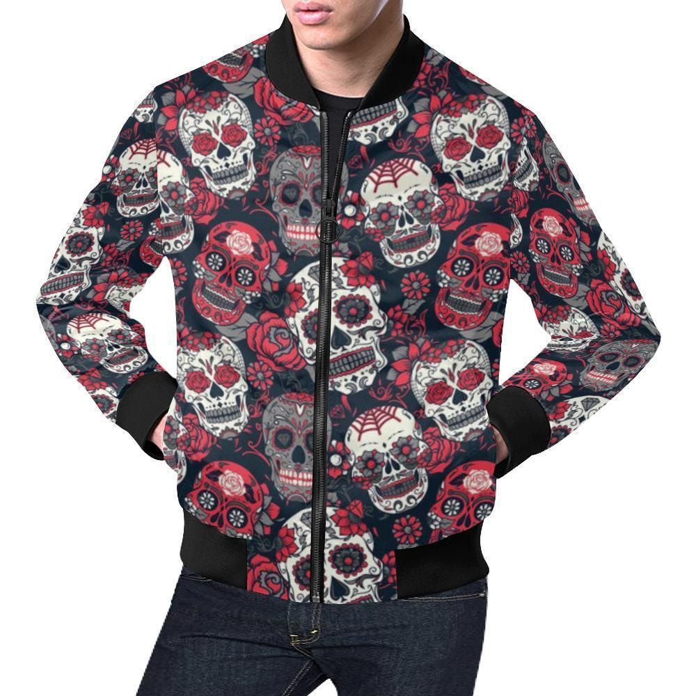 Sugar Skull Skeleton Girly Rose Floral Pattern Print Mens Bomber Jacket Sugar Skull Skeleton Girly Rose Floral Pattern Print Mens Bomber Jacket