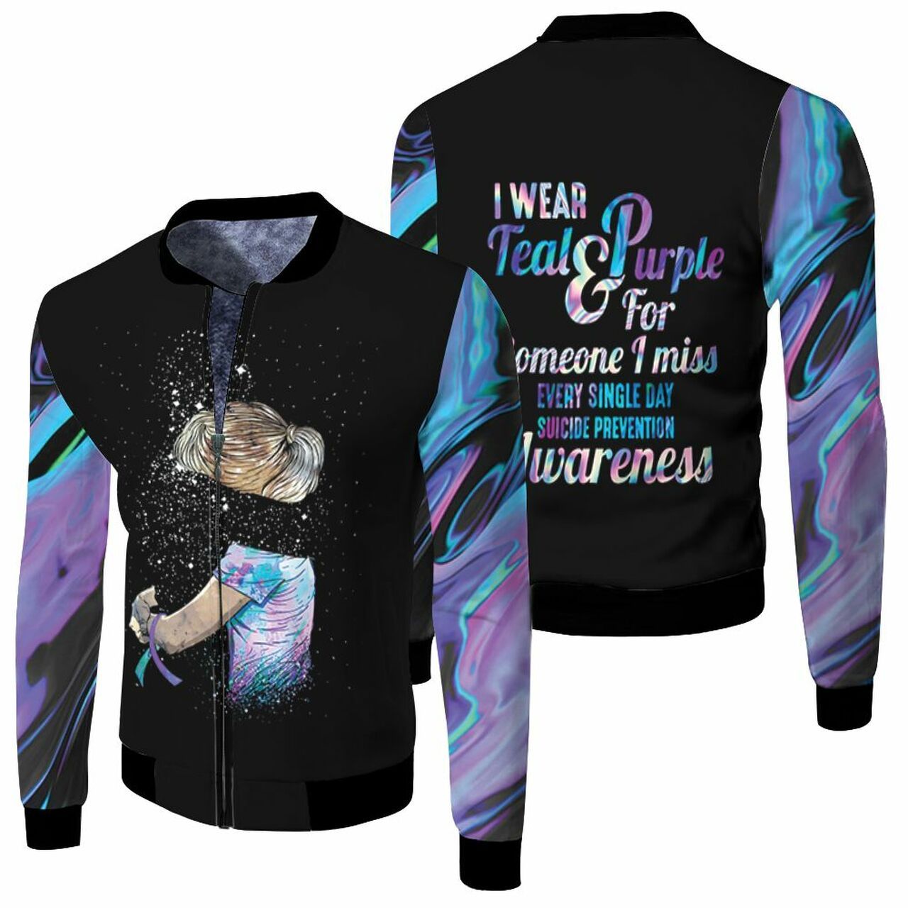 Suicide Prevention I Wear Teal And Purple For Someone I Miss Holographic Color 3D Printed Hoodie Jersey Bomber Jacket Model 5503 Bomber Jacket Suicide Prevention I Wear Teal And Purple For Someone I Miss Holographic Color 3D Printed Hoodie Jersey Bomber Jacket Model 5503 Bomber Jacket