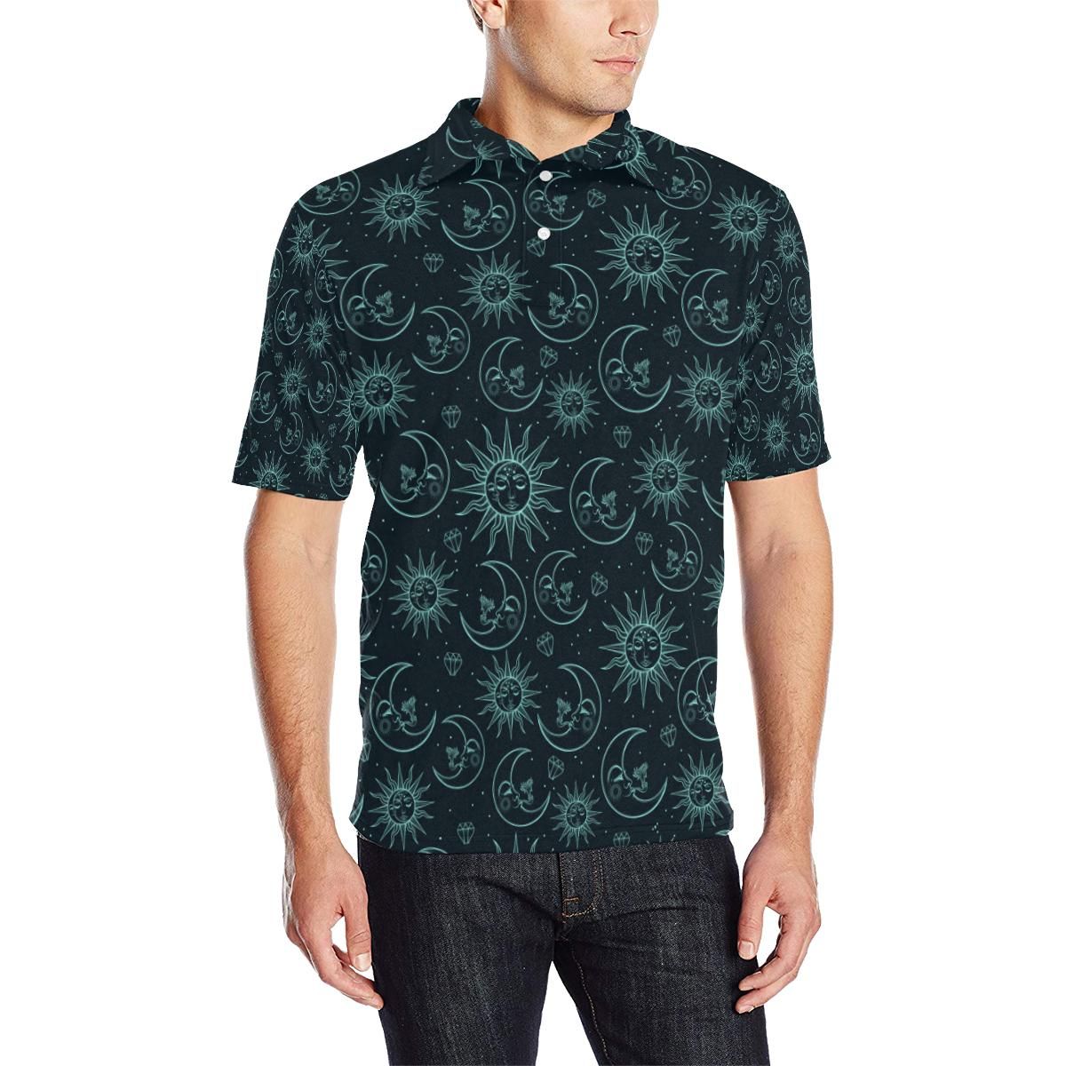 Sun Moon Magic Design Themed Print Men Polo Shirt Sun Moon Magic Design Themed Print Men Polo Shirt