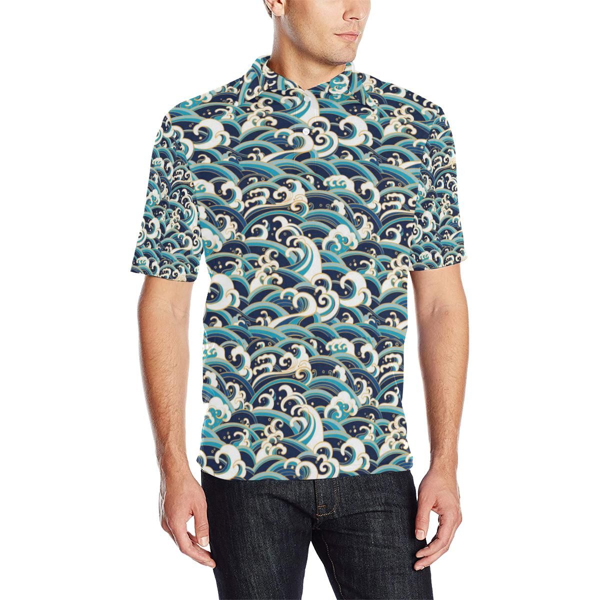 Surf Wave Pattern Men Polo Shirt Surf Wave Pattern Men Polo Shirt