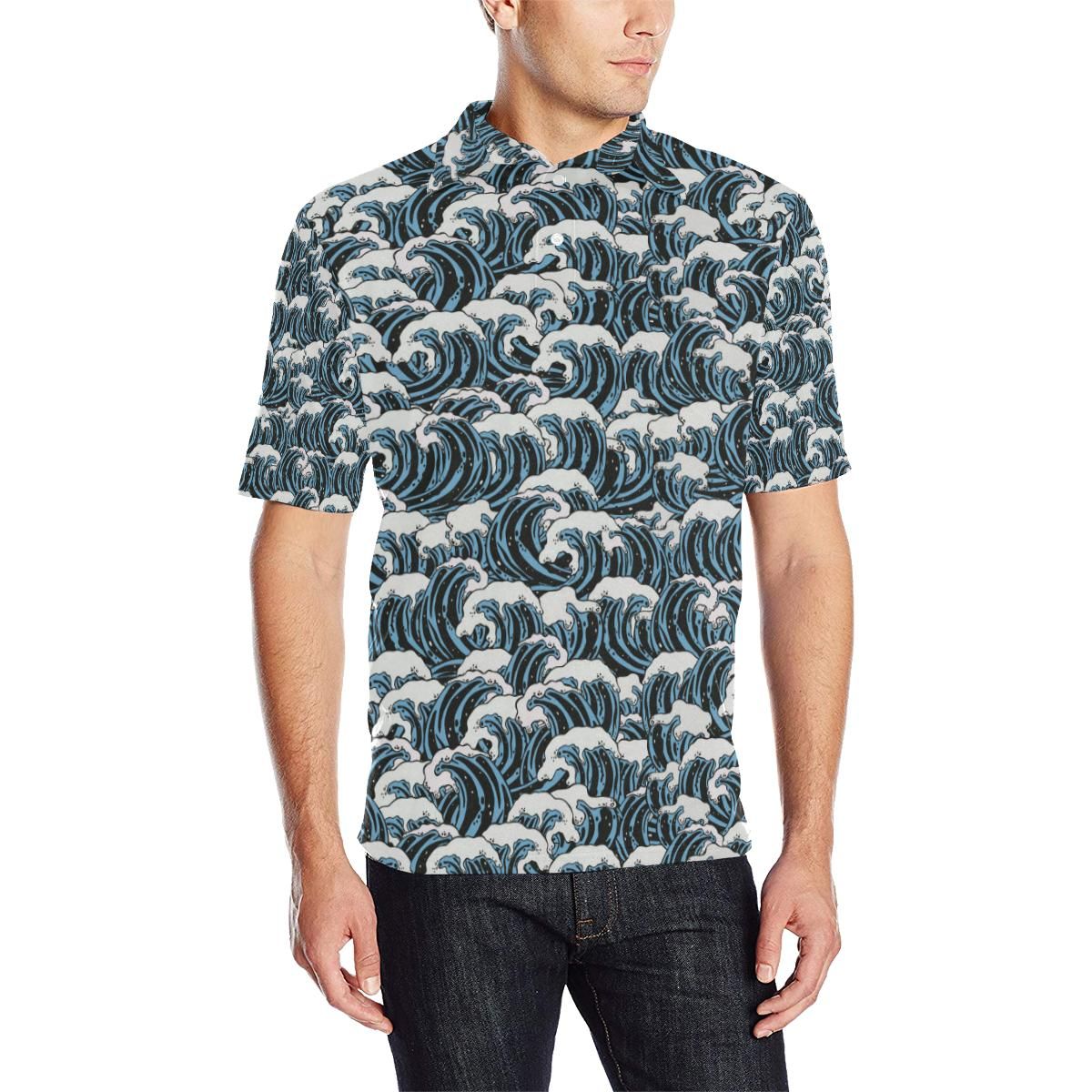 Surf Wave Pattern Print Men Polo Shirt Surf Wave Pattern Print Men Polo Shirt