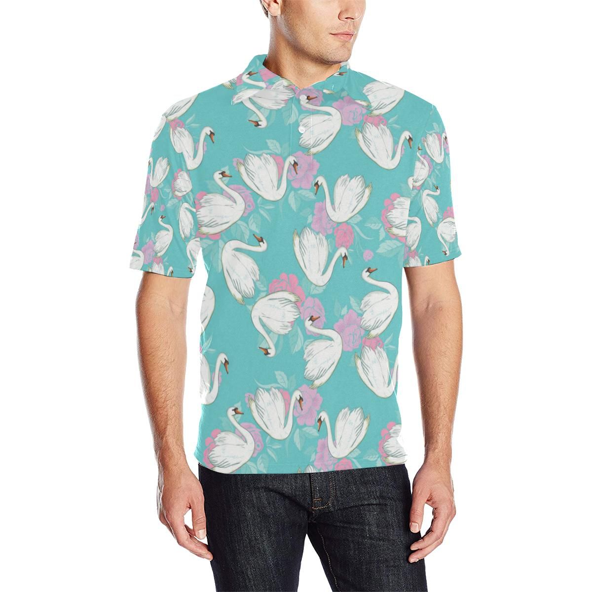 Swan Pattern Print Design 03 Men Polo Shirt Swan Pattern Print Design 03 Men Polo Shirt