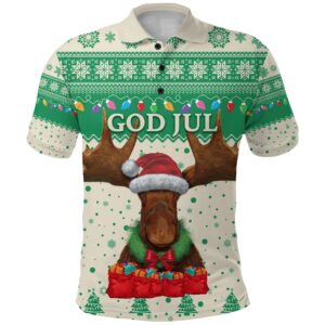 Sweden Christmas Polo Shirt Moose - Beige Green K8