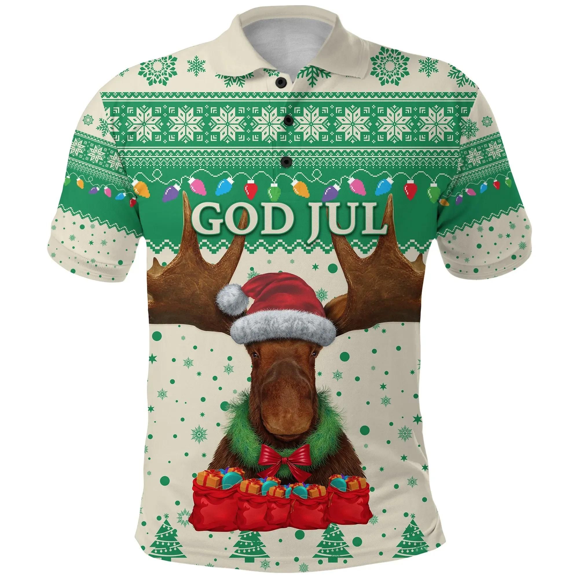 Sweden Christmas Polo Shirt Moose - Beige Green K8 Sweden Christmas Polo Shirt Moose - Beige Green K8