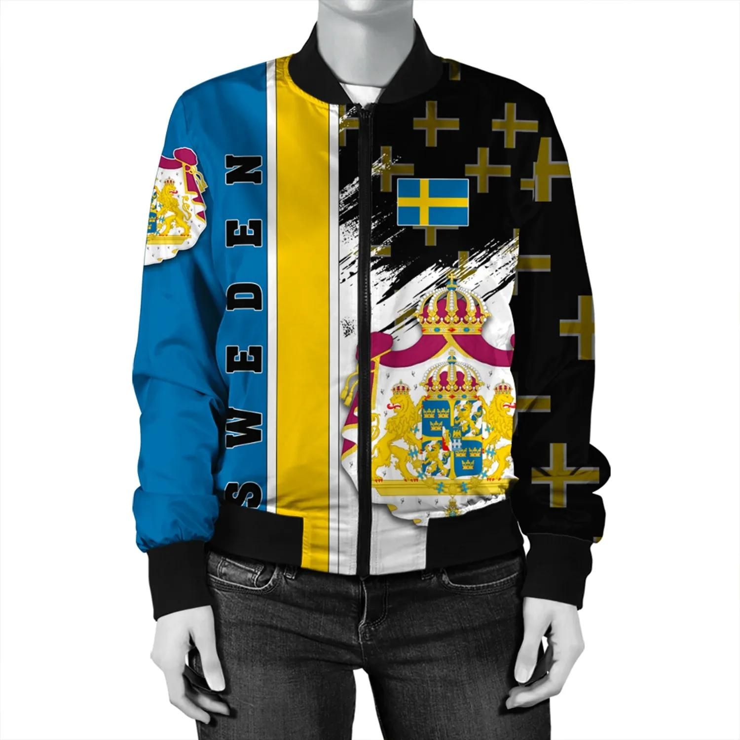 Sweden Coat Of Arms Women's Bomber Jacket - Flag Style JH Bomber Jacket Sweden Coat Of Arms Women's Bomber Jacket - Flag Style JH Bomber Jacket