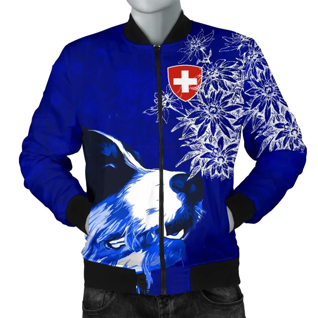 Switzerland Men's Bomber Jacket Bernese Mountain Dog and Edelweiss A7 Bomber Jacket Switzerland Men's Bomber Jacket Bernese Mountain Dog and Edelweiss A7 Bomber Jacket