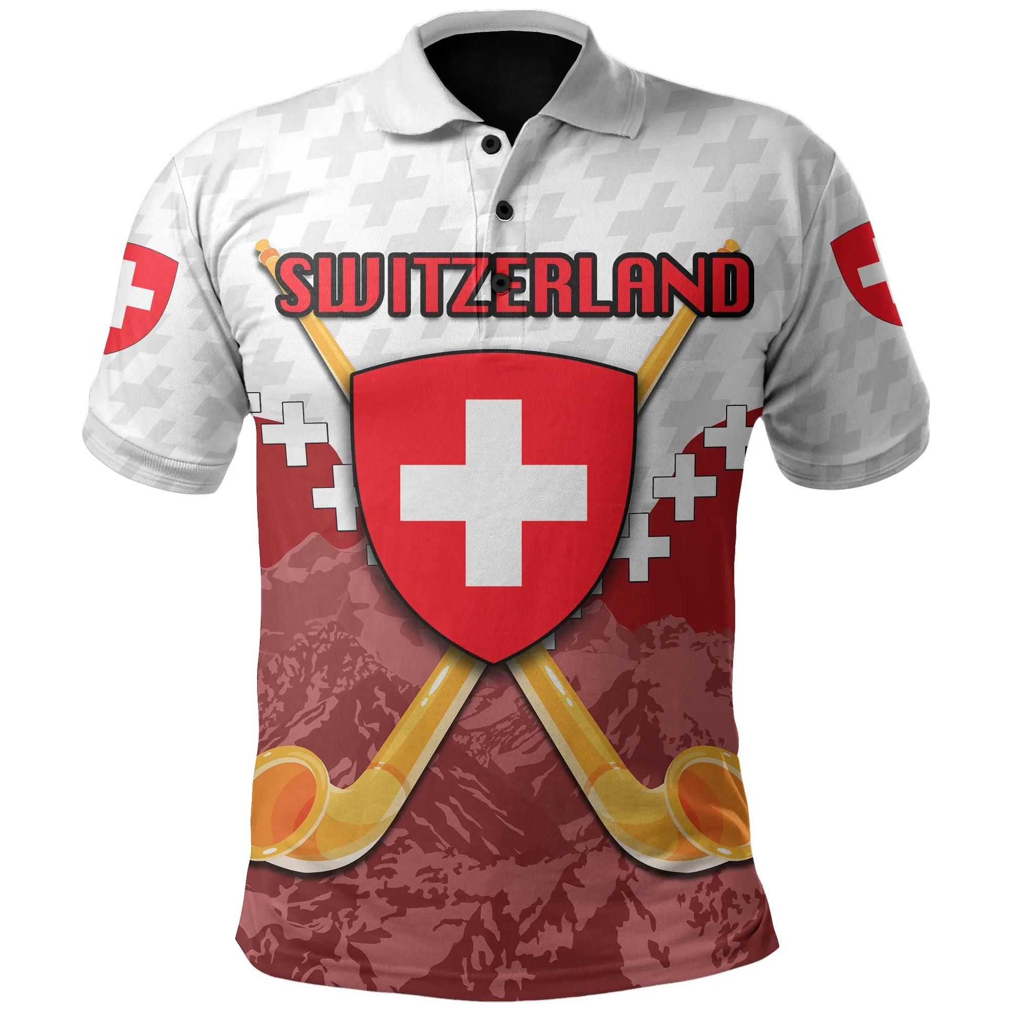 Switzerland Mountain Polo Shirt - Alphorn With Coat Of Arms TH4 Switzerland Mountain Polo Shirt - Alphorn With Coat Of Arms TH4