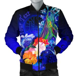 Tahiti Custom Personalised Men's Bomber Jacket - Humpback Whale with Tropical Flowers (Blue)- BN18 Bomber Jacket